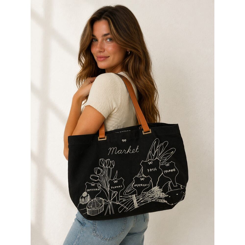 Anya Hindmarch Market Canvas Tote Black Leather Handle Grocery Shopper Bag